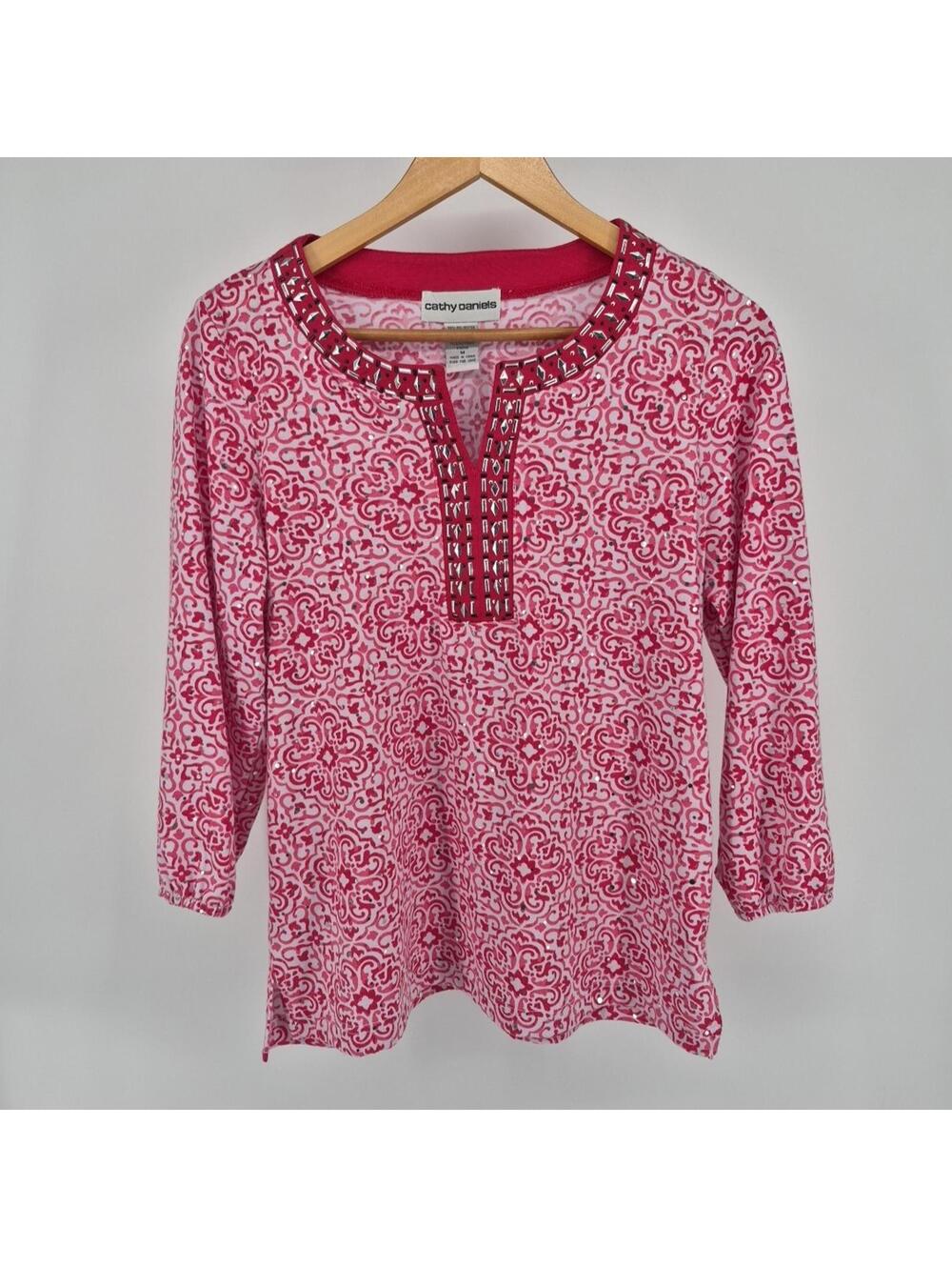 Womens Cathy Daniels Rhinestone Pink White 3/4 Sleeve Top Womens Sz M Blouse